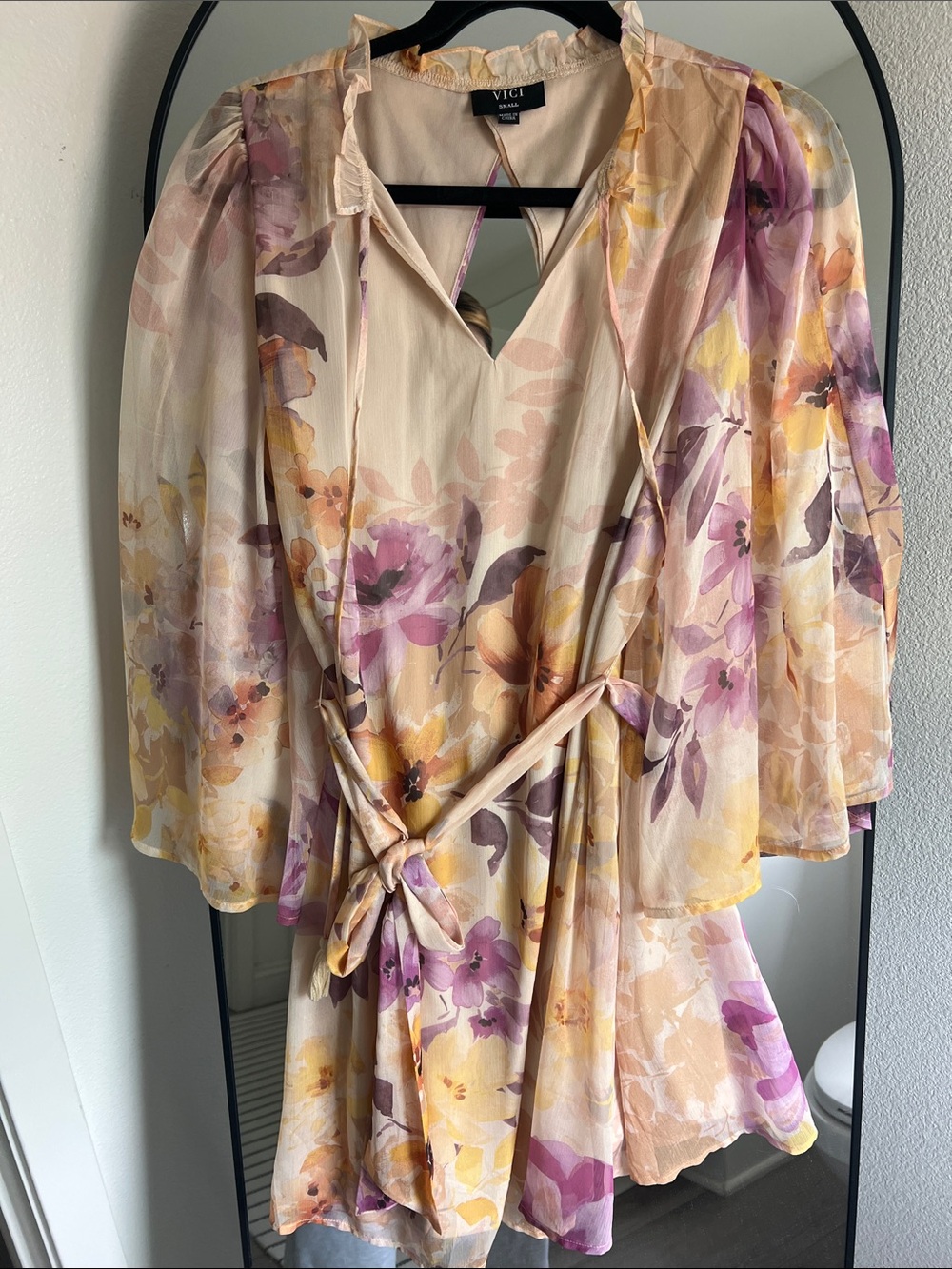 Vici Floral Chiffon Tie-Waist Mini Dress in Cream, Purple & Yellow